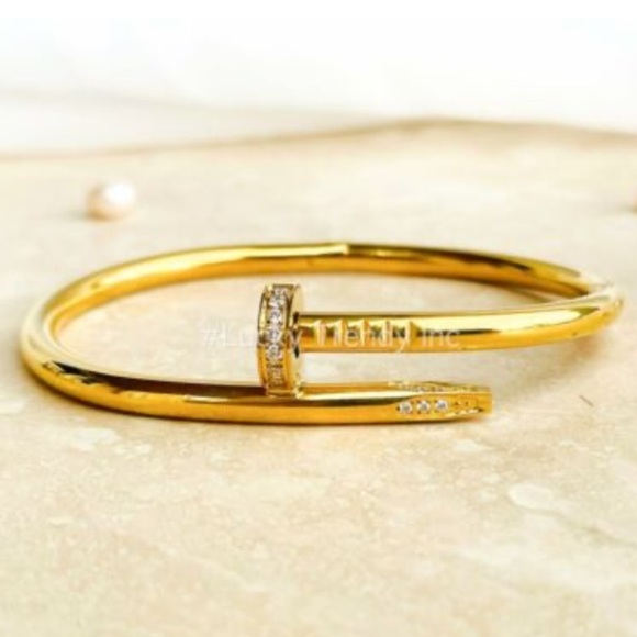 Gold Plated Nail Screw Tack Zircon Detail Bangle Bracelet - Picture 8 of 9